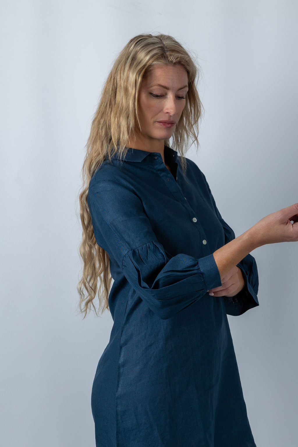 Regal Reverie mutton sleeve dress in Navy Blue