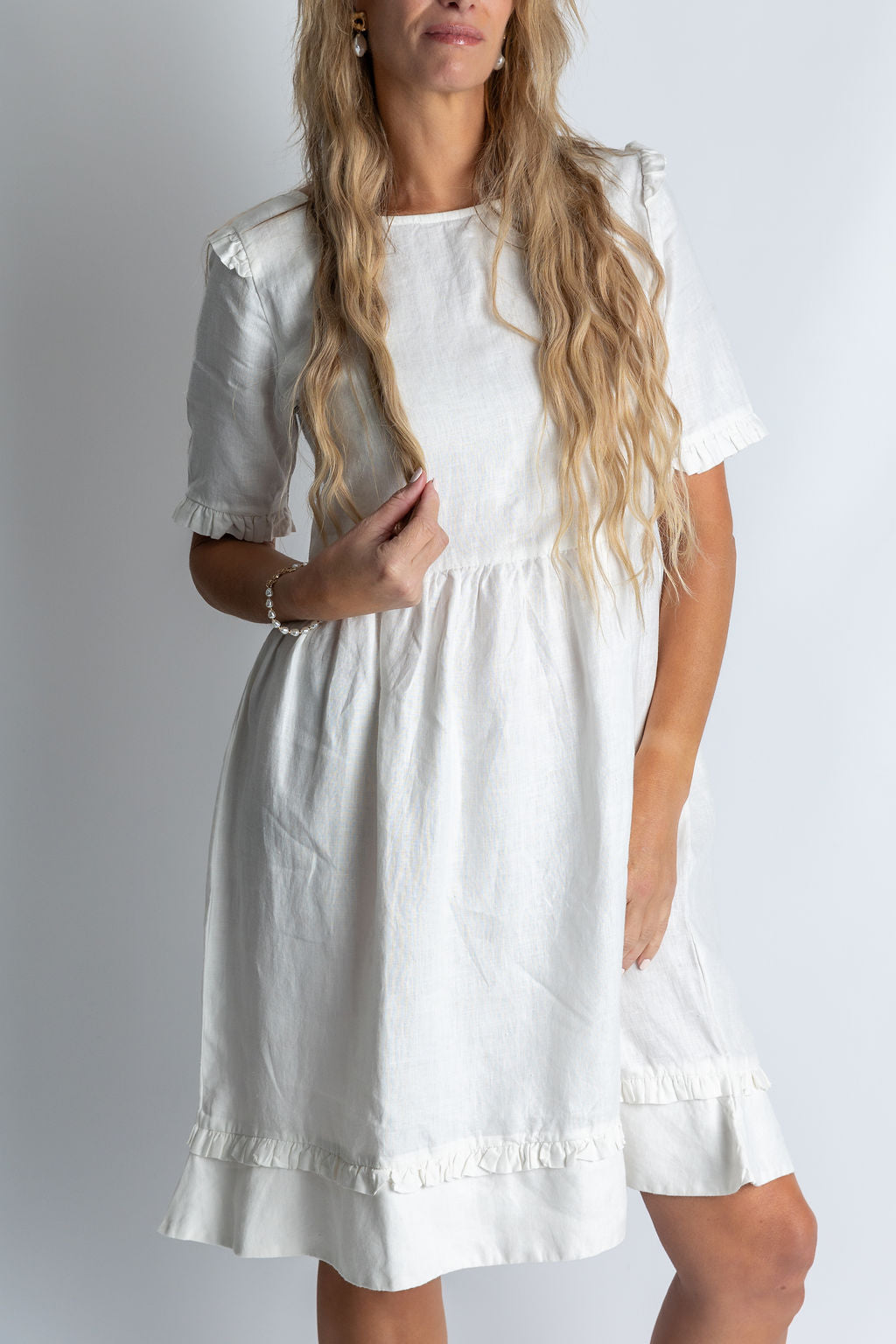 Tidal whirl flare ruffle dress in White