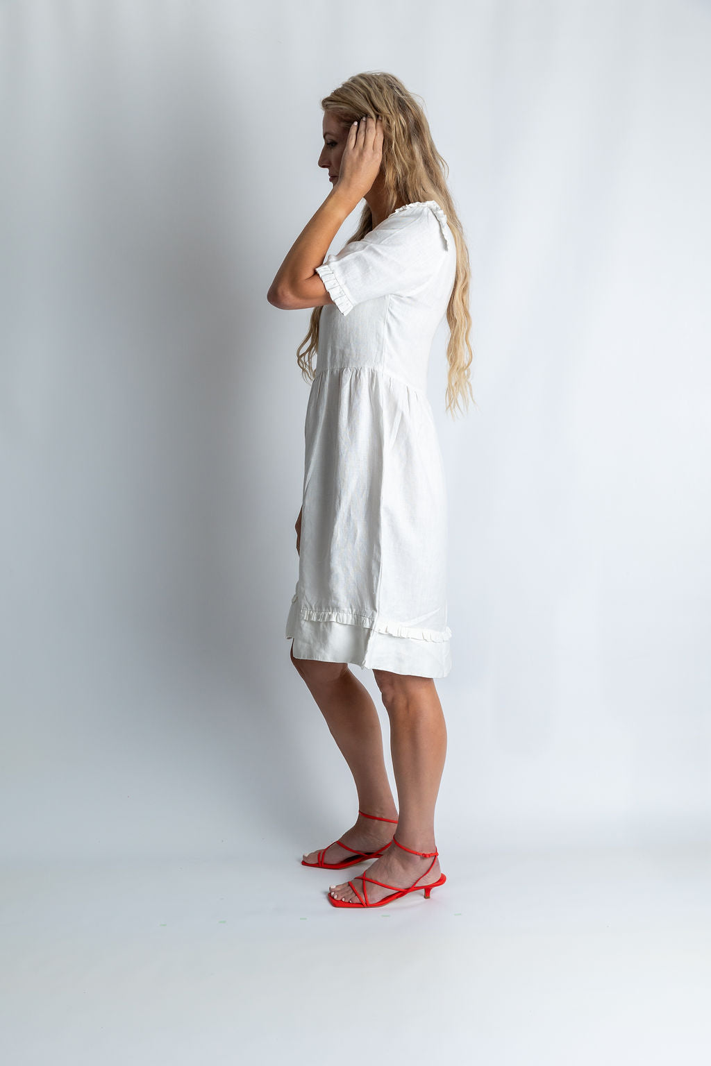 Tidal whirl flare ruffle dress in White