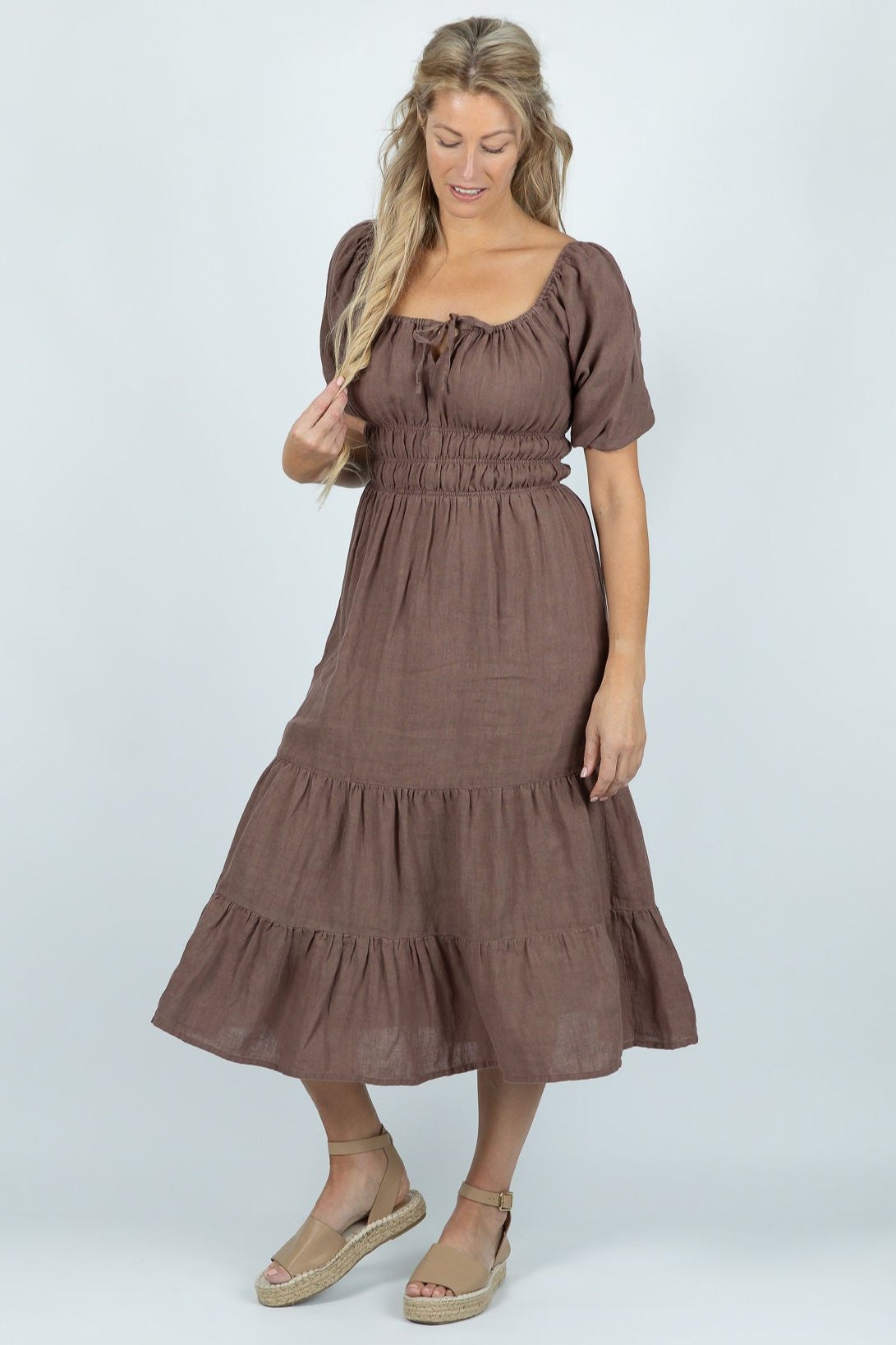 Wave Crest Tiered Midi Dress in Brown