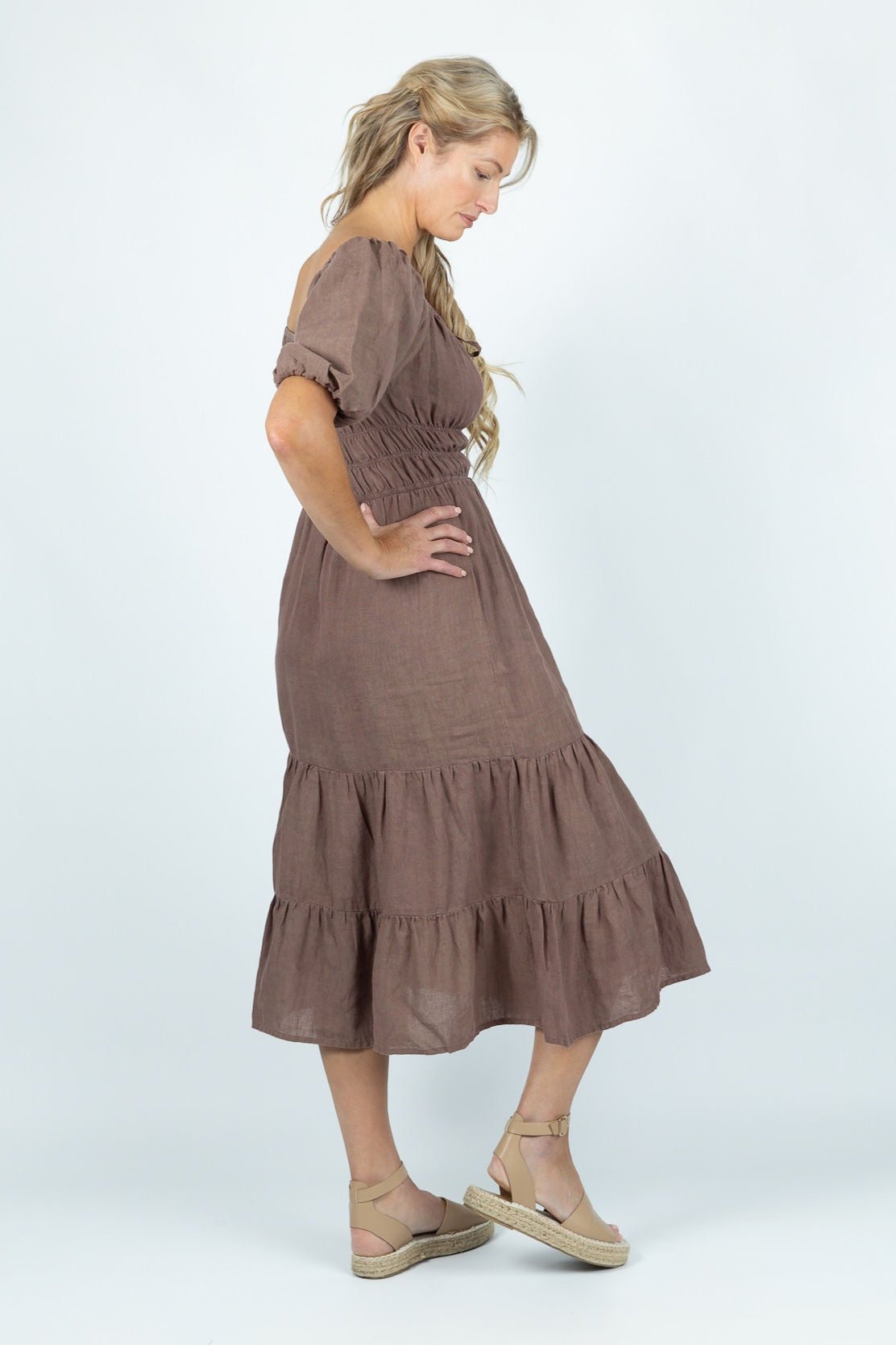 Wave Crest Tiered Midi Dress in Brown