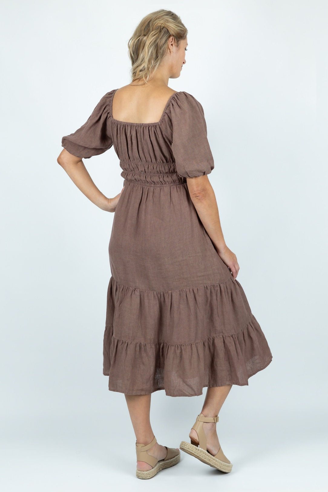 Wave Crest Tiered Midi Dress in Brown