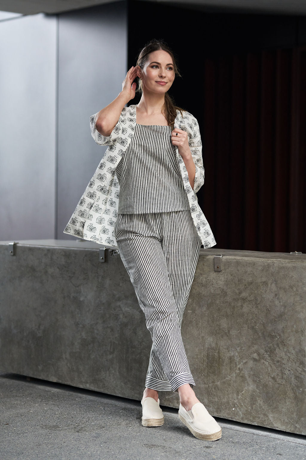 Black and White Block Printed Cotton Top with Shrug and Pants