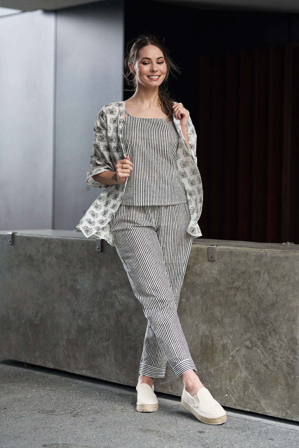 Black and White Block Printed Cotton Top with Shrug and Pants