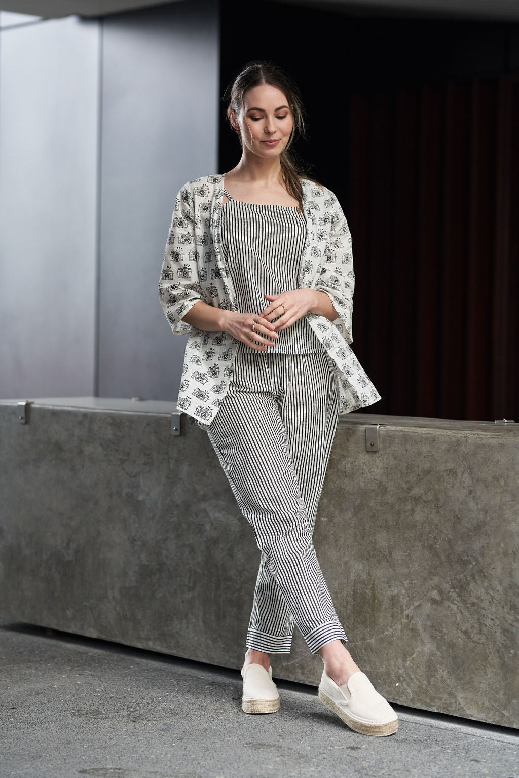 Black and White Block Printed Cotton Top with Shrug and Pants