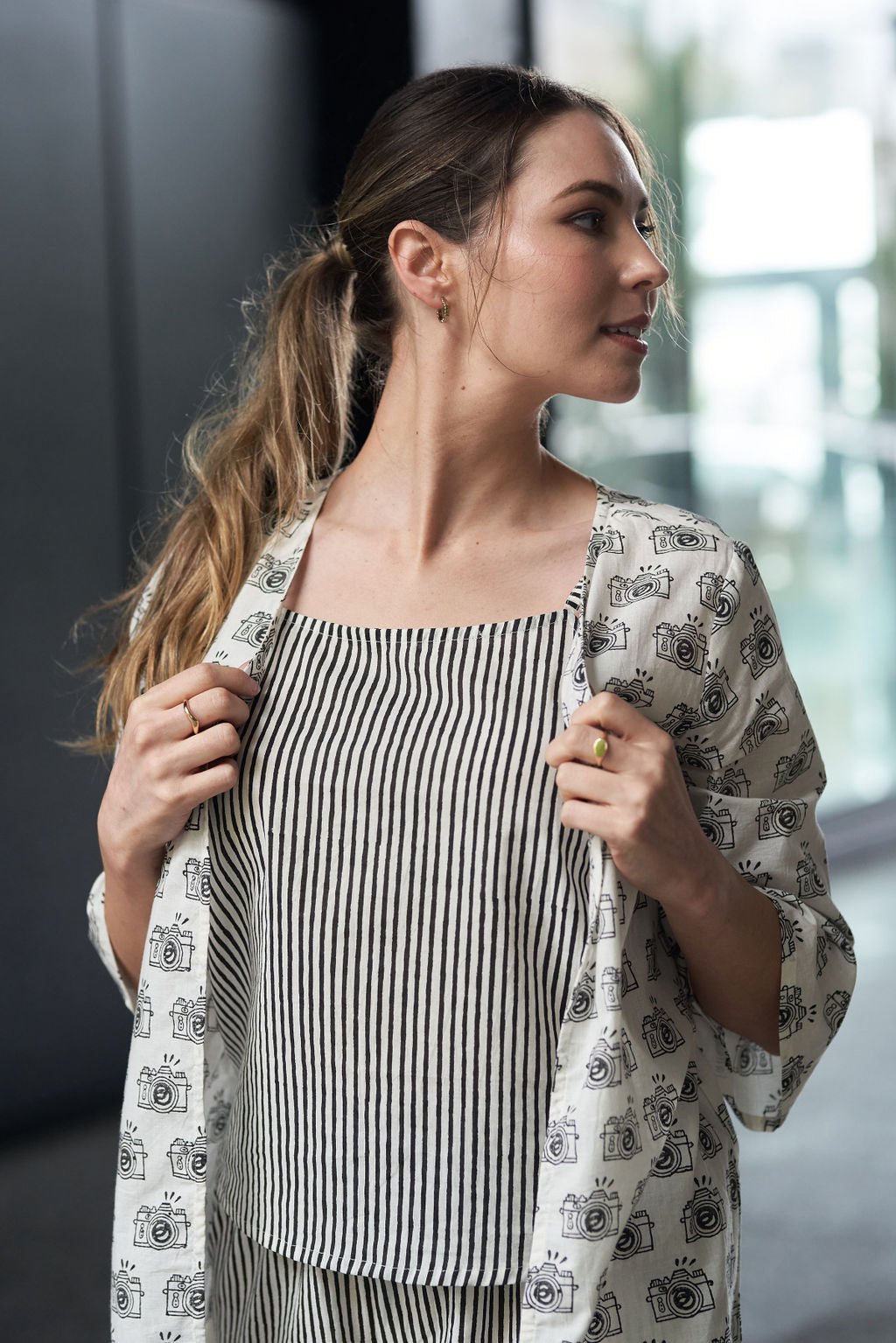 Black and White Block Printed Cotton Top with Shrug and Pants