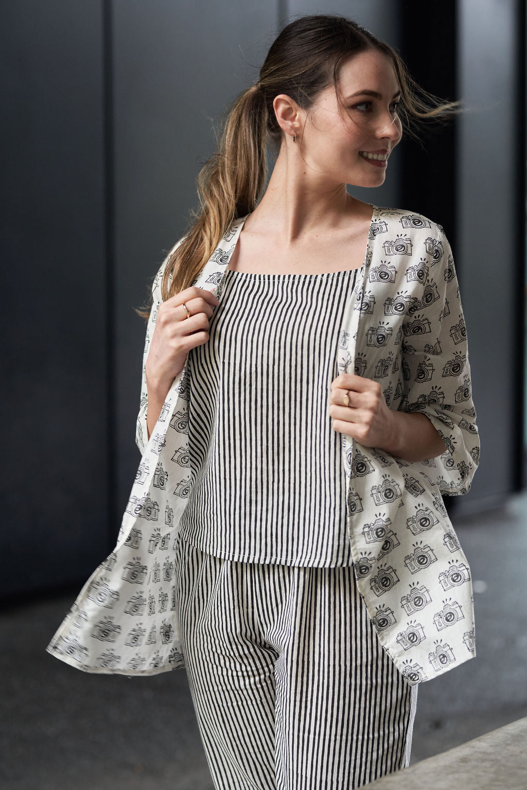 Black and White Block Printed Cotton Top with Shrug and Pants