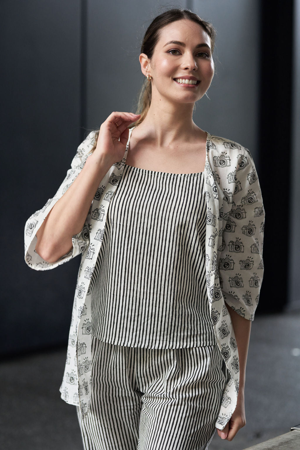 Black and White Block Printed Cotton Top with Shrug and Pants