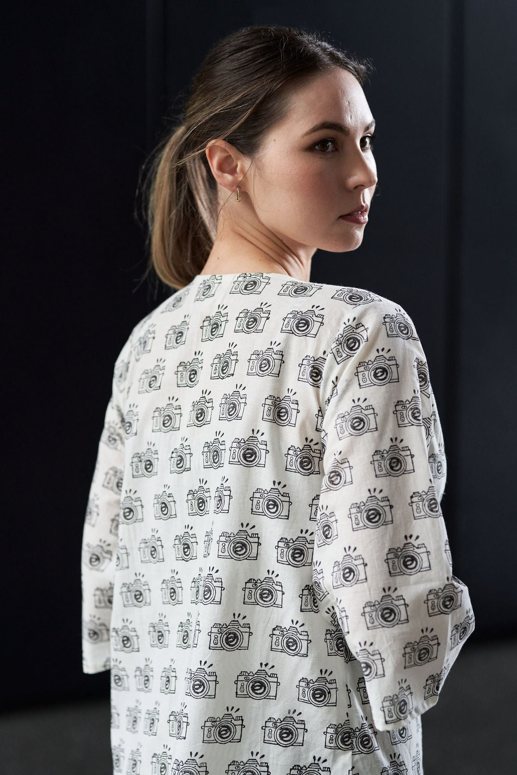 Black and White Block Printed Cotton Top with Shrug and Pants