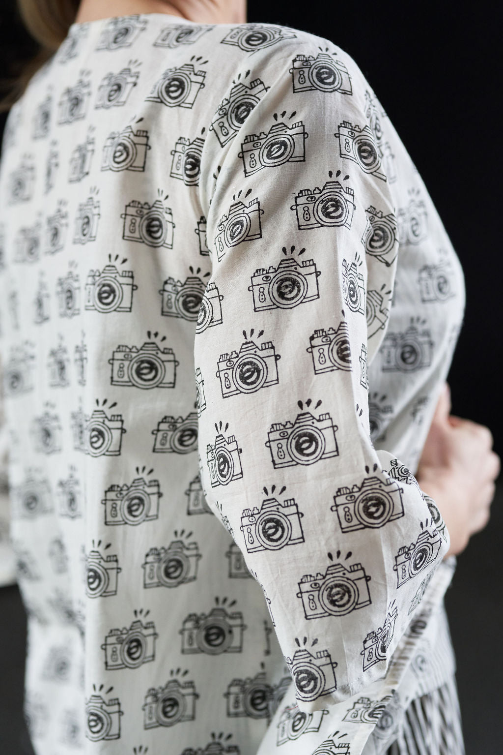 Black and White Block Printed Cotton Top with Shrug and Pants